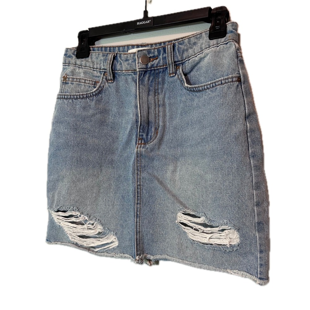Billabong x Sincerely Jules Women 26 Distressed Denim Mini Skirt Light Wash Blue
